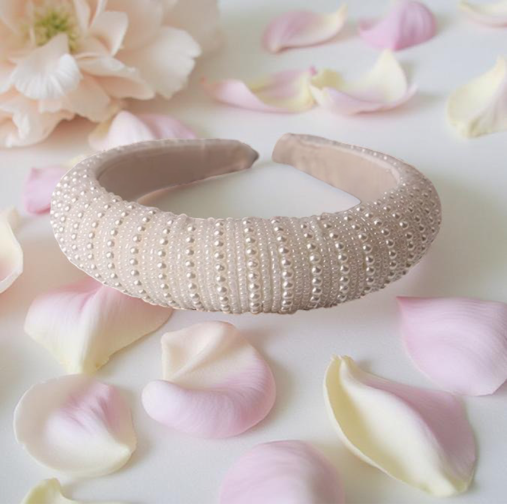 Princess Kate Pearl Headband Double Row XS Single Row Small against petals background