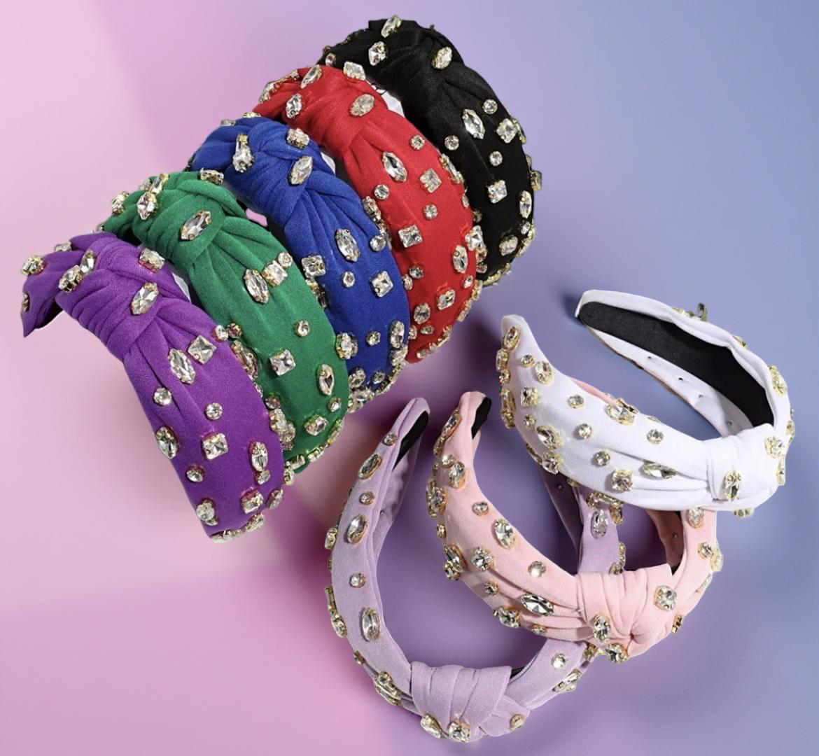 Rhinestone headbands in every color on pastel background