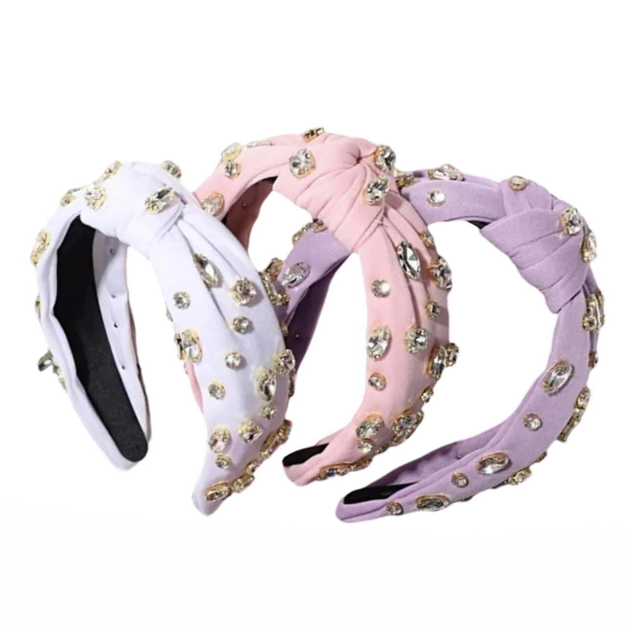 rhinestone headbands in pastel pink, purple, and white
