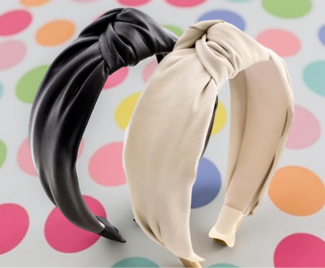 Vegan Headbands in Black and White against a colorful polka dot background